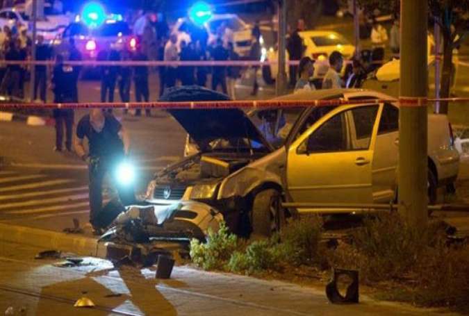 Four Israeli police officers were injured after being struck by a car (shown) in East Jerusalem (al-Quds), April 25, 2015.