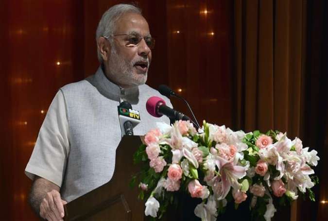 Indian Prime Minister Narendra Modi delivers a speech at presidential residence Bangabhaban in the Bangladesh capital Dhaka on June 7, 2015.