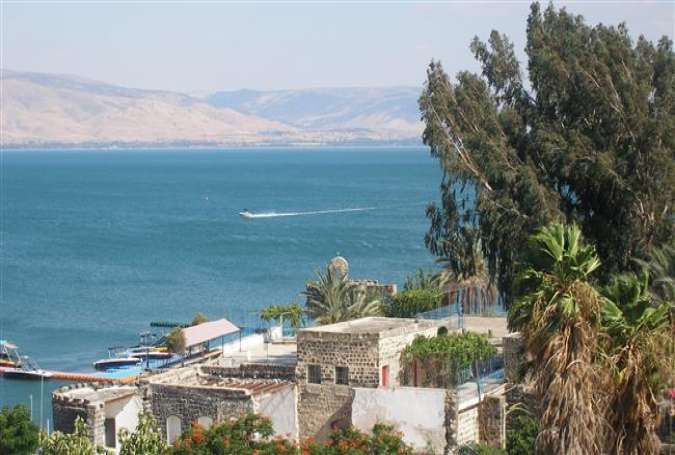 Lake Tiberias (Sea of Galilee) situated between the Golan Heights and the Galilee region, in the Jordan Rift Valley.