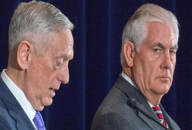 US Secretary of Defense Jim Mattis (L) and US Secretary of State Rex Tillerson conduct a two question press conference after meeting with Chinese officials, June 21, 2017. (Photo by AFP)