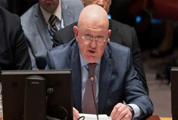 Russian Ambassador to the UN Vassily Nebenzia speaks during the United Nations Security Council meeting on threats to international peace and security and the situation in the Middle East April 9, 2018 in New York. (Photo by AFP)