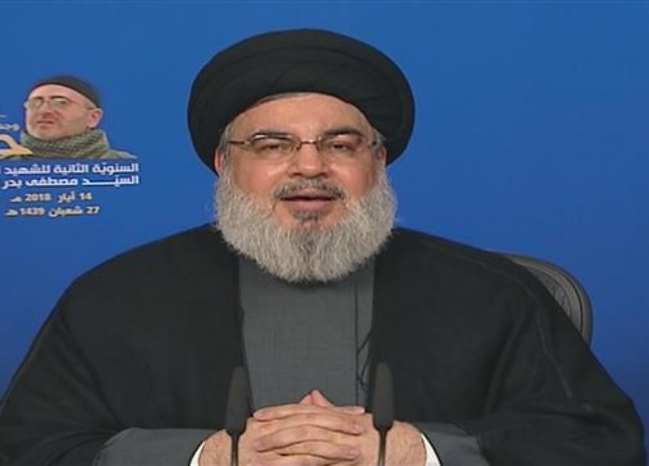 The secretary general of the Lebanese Hezbollah resistance movement, Sayyed Hassan Nasrallah, addresses his supporters via a televised speech broadcast from the Lebanese capital city of Beirut on May 14, 2018.