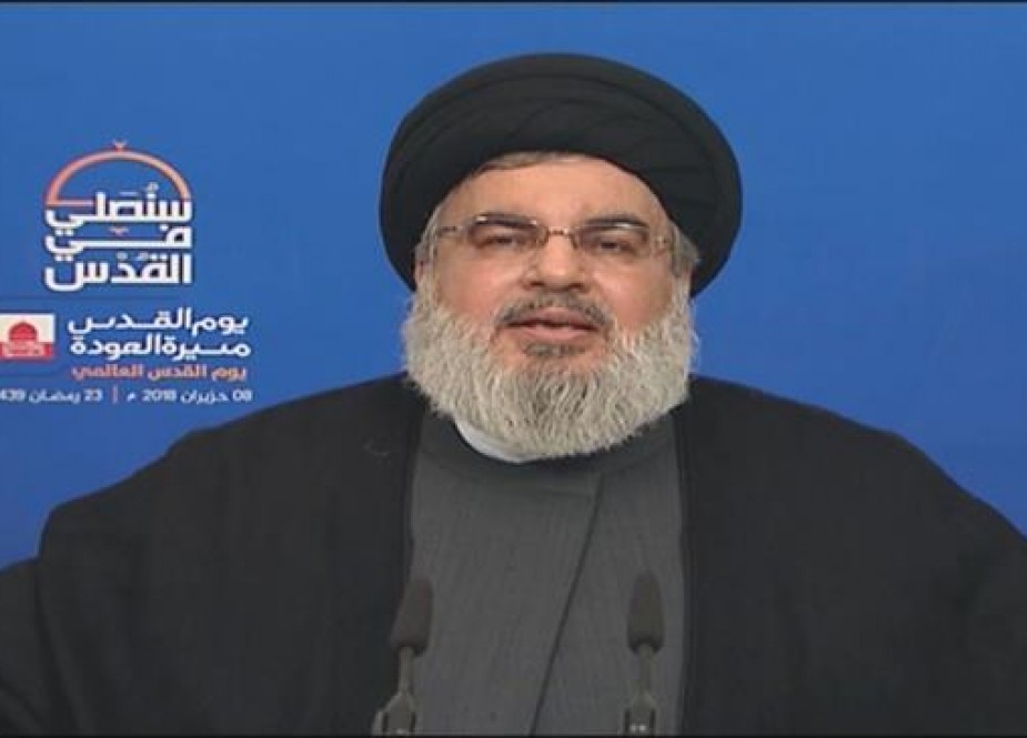 Secretary General of the Lebanese Hezbollah resistance movement, Sayyed Hassan Nasrallah, addresses his supporters via a televised speech broadcast live from the Lebanese capital city of Beirut on the occasion of the international Quds Day on June 8, 2018.