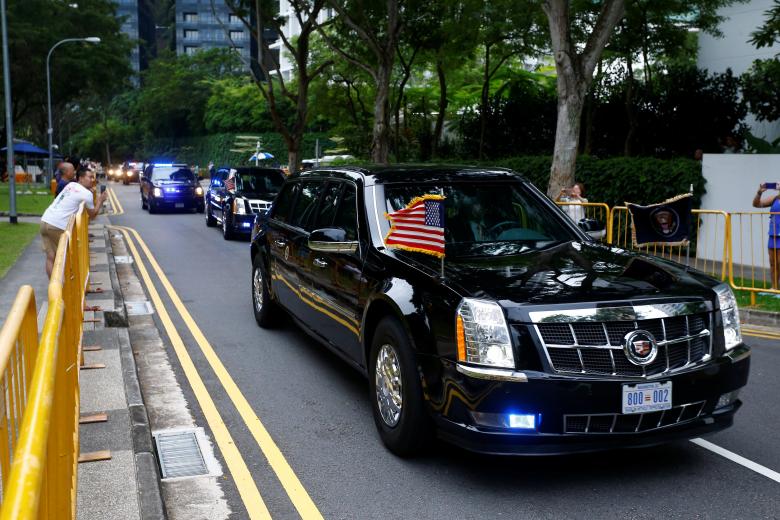 The motorcade of President Donald Trump travels towards Sentosa for his meeting with North Korean leader Kim Jong Un, in Singapore.