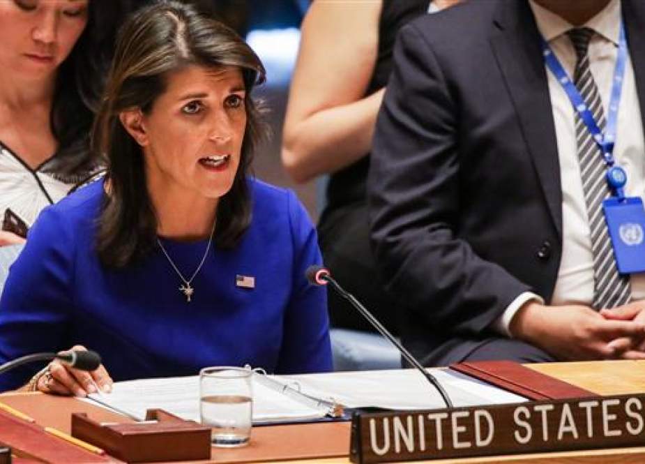 US Ambassador to the United Nations Nikki Haley speaks during a Security Council meeting at UN headquarters in New York on August 28, 2018. (Photo by AFP)