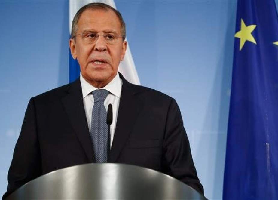The file photo shows Russian Foreign Minister Sergei Lavrov addressing a press conference on September 14, 2018 in Berlin, Germany. (Photo by AFP)
