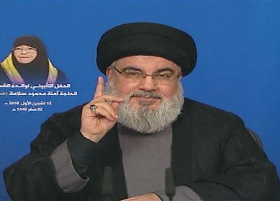 The secretary general of the Lebanese Hezbollah resistance movement, Sayyed Hassan Nasrallah, addresses his supporters via a televised speech broadcast from the Lebanese capital city of Beirut on October 12, 2018.
