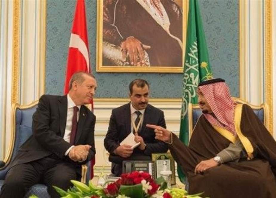A handout picture released by the Saudi Royal Palace shows Saudi King Salman bin Abdulaziz (R) meeting with Turkish President Recep Tayyip Erdogan (L) in Riyadh on February 14, 2017. (Photo by AFP)