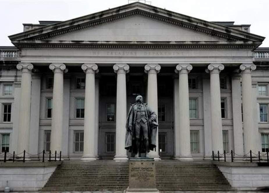This file photo shows the US Treasury building in Washington.