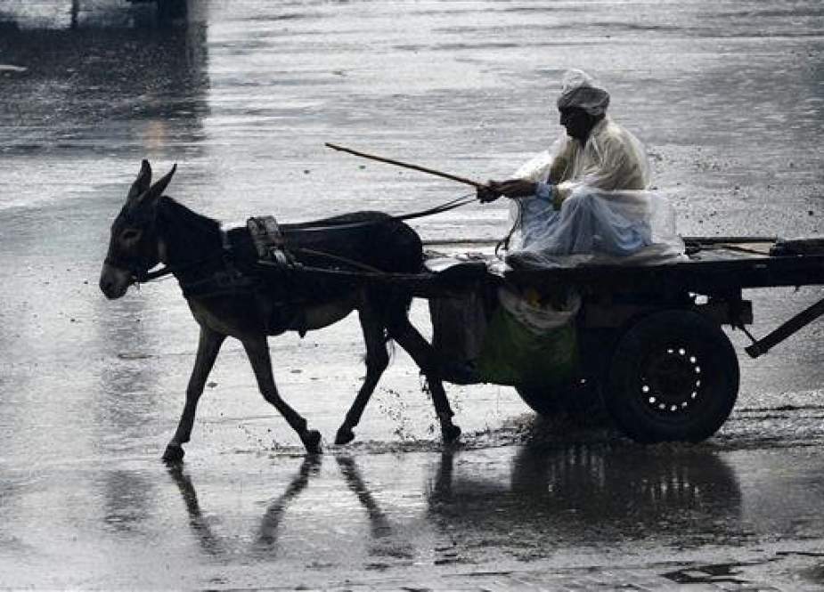 A Pakistani man rides on his donkey cart across a flooded street during heavy rain in Lahore on January 21, 2019. (Photo by AFP)