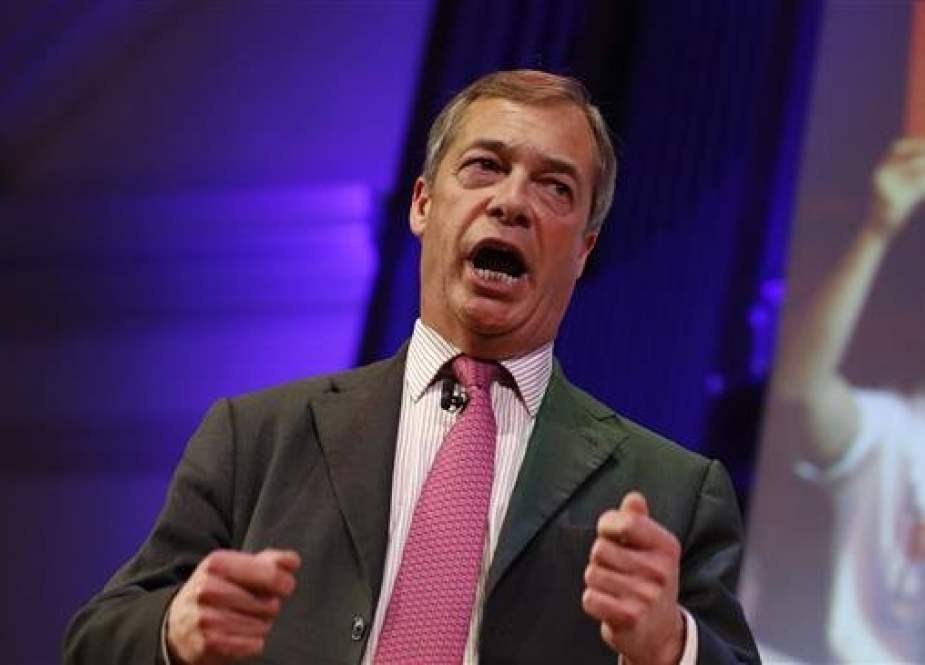 In this file photo taken on January 17, 2019, MEP and former UKIP leader Nigel Farage speaks at a political rally entitled “Let’s Go WTO” hosted by pro-Brexit lobby group Leave Means Leave in London. (AFP photo)