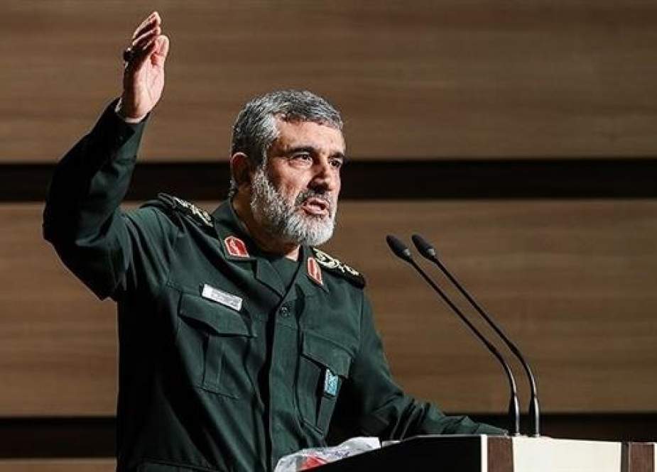 The commander of the IRGC’s Aerospace Division, Brigadier General Amir Ali Hajizadeh, speaks during a ceremony in Tehran on February 24, 2019. (Photo by Tasnim news agency)