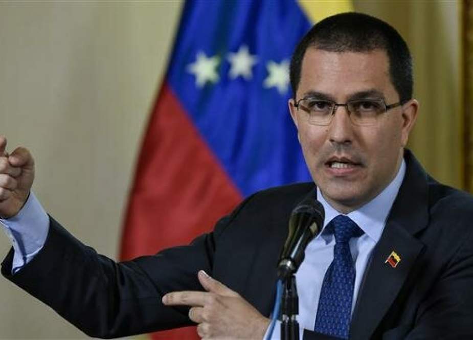 Venezuelan Minister of Foreign Affairs, Jorge Arreaza, speaks during a press conference at the Ministry of Foreign Affairs, in Caracas, on January 28, 2019. (Photo by AFP)