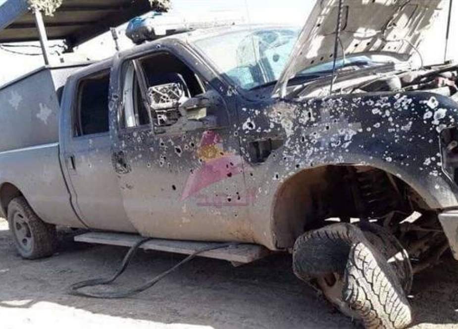 The photo shows a police vehicle belonging to Iraqi police forces that were targeted by US forces in the country