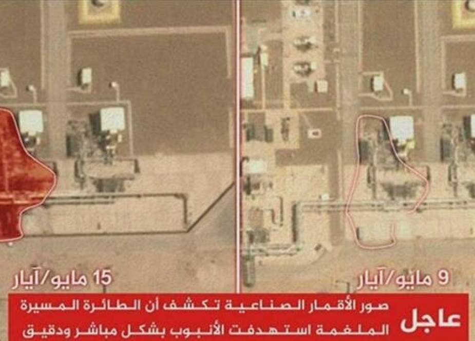 An aerial view of the Saudi Aramco Pump Station 8 before and after the recent retaliatory drone strikes by Yemen. (Source: Al Jazeera)