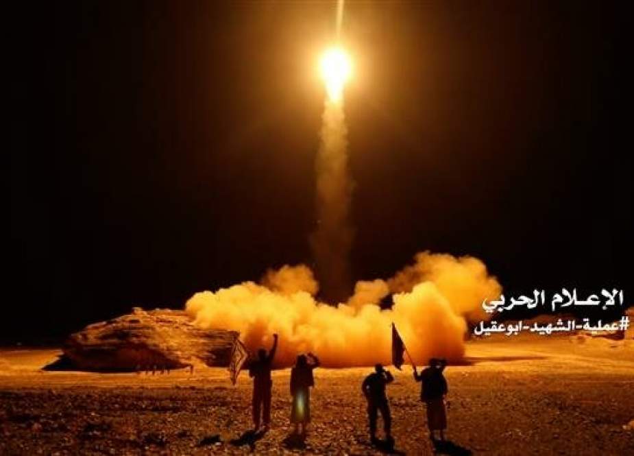 In this file image grab, taken from a video handed out by Yemen’s Houthis, fighters are seen as a ballistic missile is fired from the capital, Sana’a, on March 25, 2018. (Via AFP)