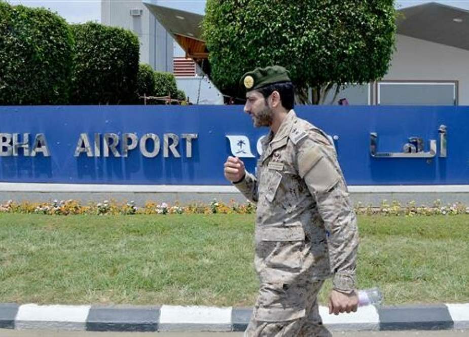 A picture taken during a guided tour with the Saudi military on June 13, 2019 shows the welcoming sign at the Abha airport in Saudi Arabia’s southwestern Asir region. (Photo by AFP)
