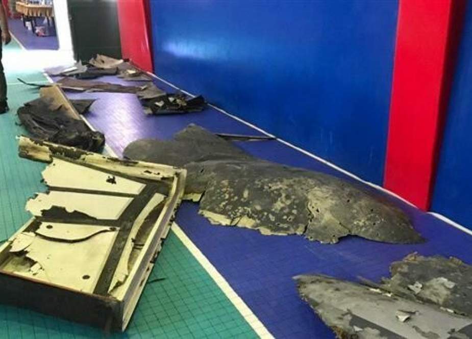 The photo taken on June 21, 2019 shows the wreckage of a US spy drone shot down by Iran’s Islamic Revolution Guards Corps (IRGC) the previous day. (By IRIB)