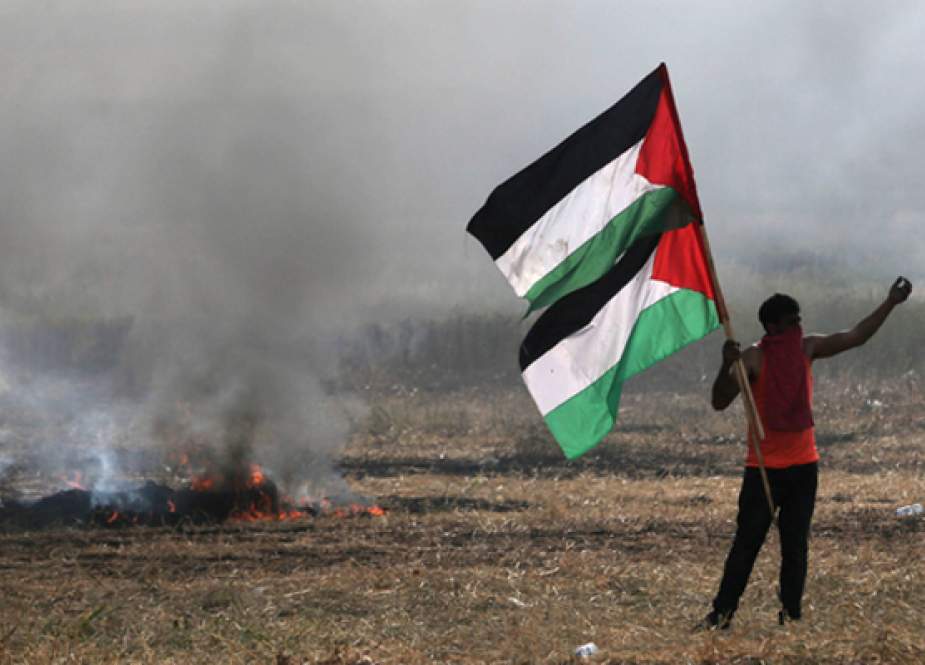 Protester holding Palestinian flags gestures during protest at Gaza border.jpg