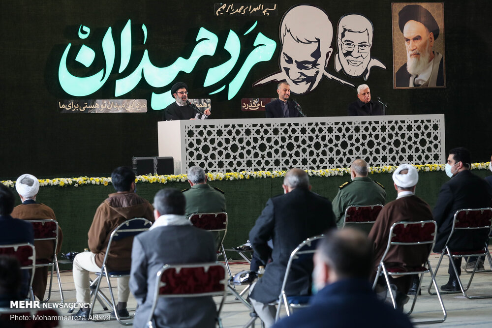 بائیں سے دائیں؛ حزب اللہ لبنان کی سربراہ ایگزیکٹو کونسل سید ہاشم صفی الدین، مشیر چیئرمین سینیٹ ایران امیر عبداللہیان اور چیئرمین حشد الشعب