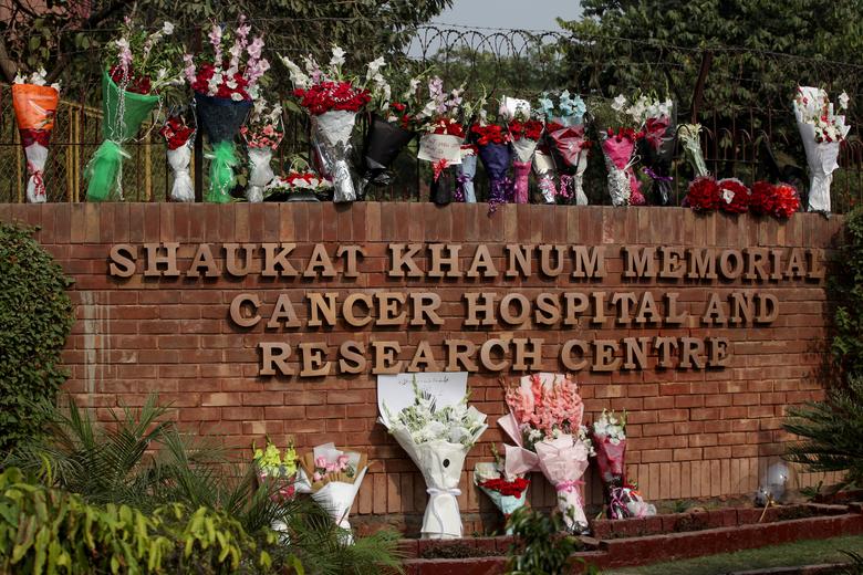 View of flower bouquets left by supporters of former Prime Minister Imran Khan, who was wounded after a shooting incident on a long march in Wazirabad, outside the Shaukain Khanum Memorial Cancer Hospital & Research Centre, in Lahore, Pakistan November 4