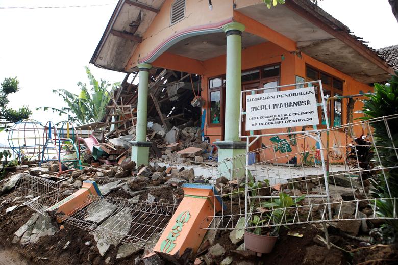 A view shows a destroyed kindergarten after an earthquake in Sukamulya, Cianjur, West Java province, Indonesia, November 23, 2022.