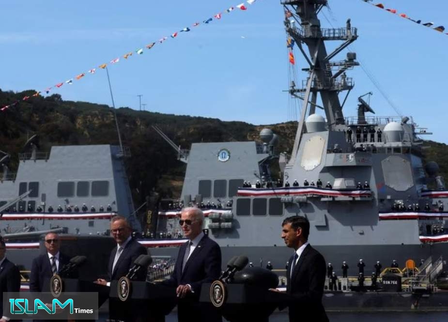 U.S. President, Australian Prime Minister and British Prime Minister deliver remarks on the deal to sell nuclear powered attack submarines to Australia, in California.