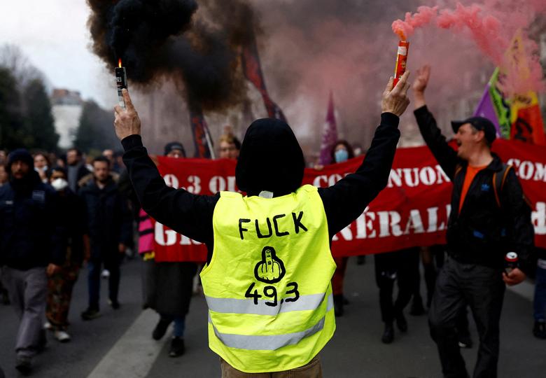 Demonstrators gather in Nantes to protest after French Prime Minister Elisabeth Borne used the article 49.3, a special clause in the French Constitution, to push the pensions reform bill through the National Assembly without a vote by lawmakers, France, 