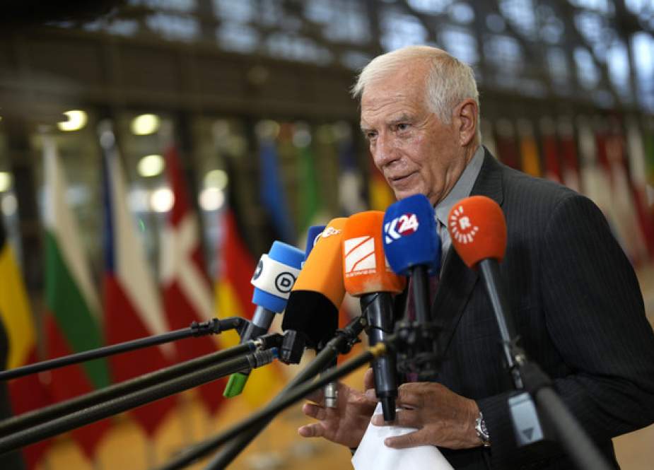 European Union foreign policy chief Josep Borrell speaks with the media in Brussels, Belgium