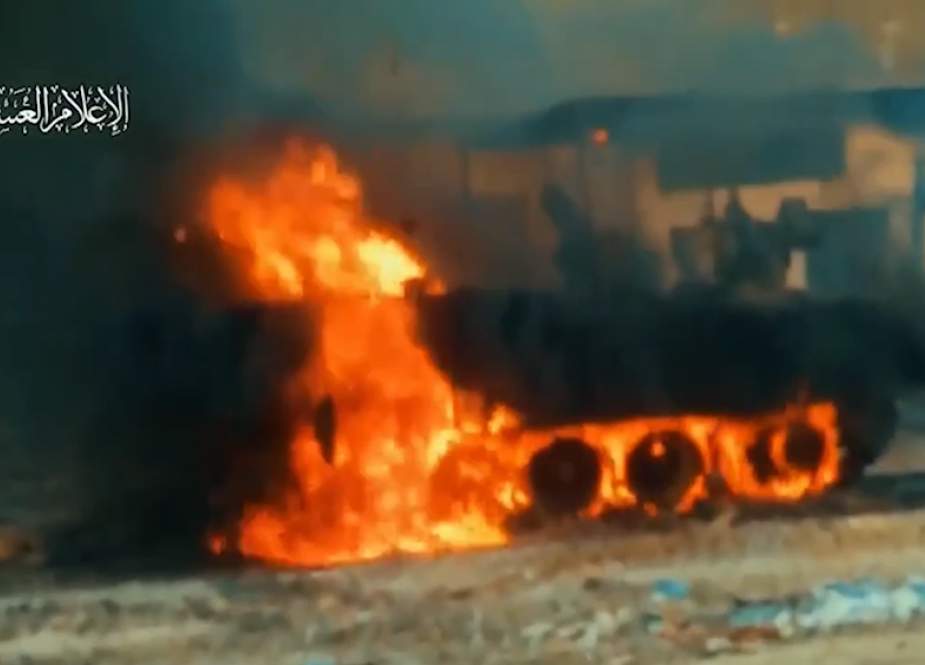 Israeli Nemer armour personal carrier, burn in Gaza