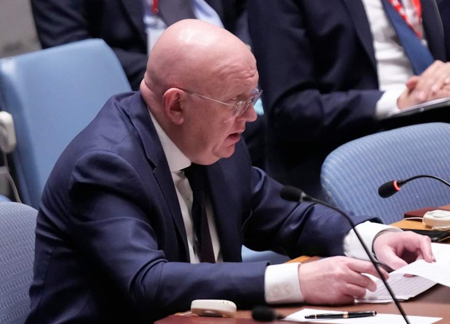 Russian ambassador Vassily Nebenzia speaks during a Security Council meeting at United Nations headquarters